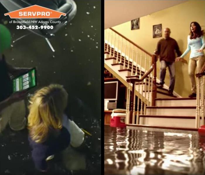 split screen with flooded office on left and flooded home on the right 