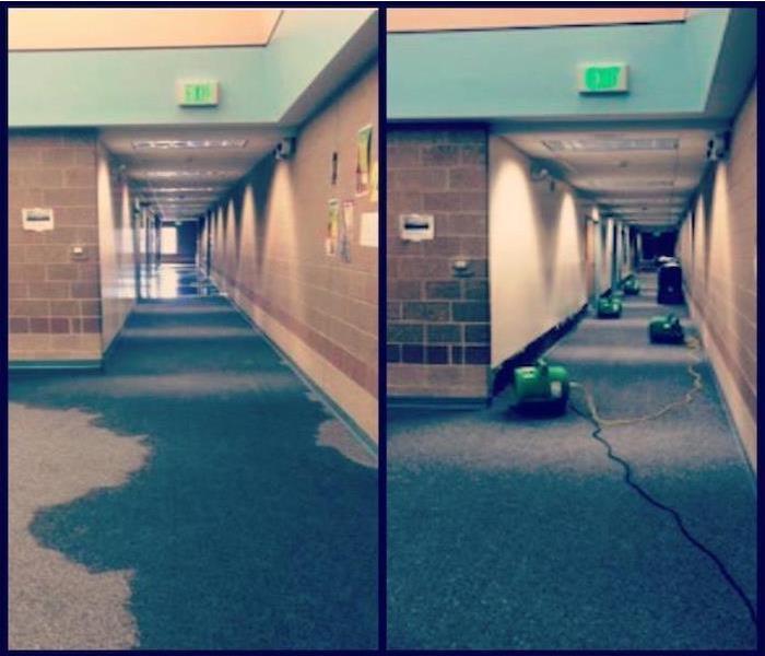 School hallway before and after with damage. 