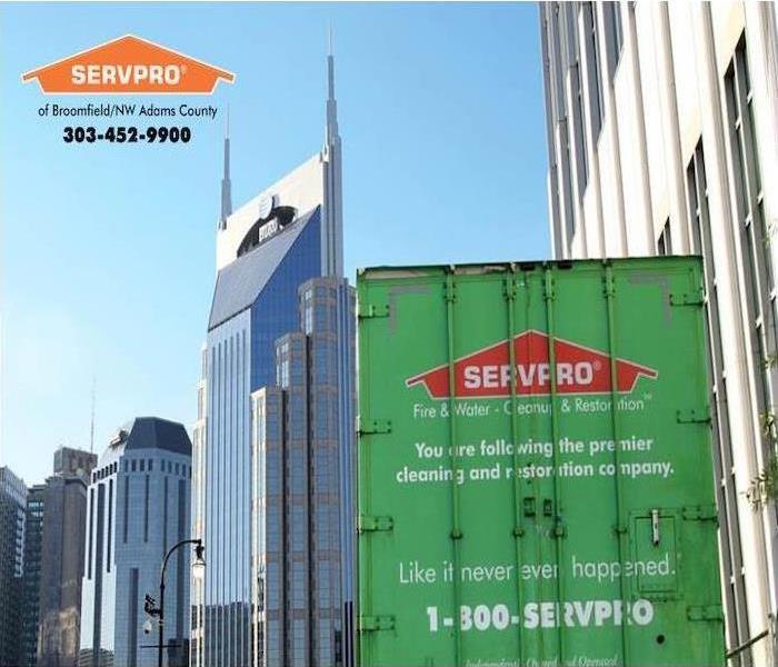SERVPRO trailer with city skyline in the background. 